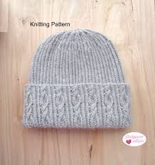 Sport weight watch cap knit pattern: Beanie Hat With Twisted Rib And Cables Knitting Pattern Men Etsy