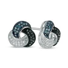 1 5 Ct T W Enhanced Blue Black And White Diamond Love Knot Earrings In Sterling Silver Zales Black Sapphire Jewelry Knot Earrings Gemstone Studs