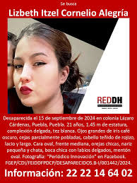 Se busca a Lizbeth Itzel Cornelio Alegría. Desaparecida el 15 de septiembre  de 2024 en colonia Lázaro Cárdenas, Puebla, Puebla. 21 años, 1.45 m de  estatura, complexión delgada, tez blanca. Ojos grandes