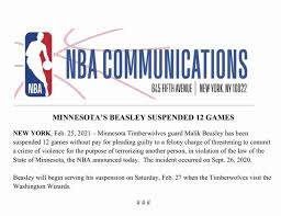 The nba suspended minnesota timberwolves guard malik beasley for 12 games on thursday after he pleaded guilty to a felony charge of threats of violence for pointing a rifle at a family near his home last. Jgjlausyuns2jm