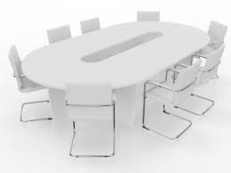 White oval conference table with black leather chairs on. Modular Oval Conference Table Biarritz Office Reality
