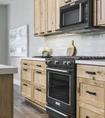 Wood Cabinet With Black Hardware In 2020 Wood Kitchen Light Wood Cabinets Hickory Kitchen Cabinets