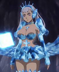 noelle silva, black clover, silver hair, highres, 1girl, armor, armored  dress, bikini armor, breasts, cleavage, collage, collarbone, impossible  clothes, large breasts, pauldrons, purple eyes, strapless, tiara,  twintails, water, weapon 