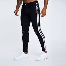 Black And White Jeans Mens Black White Striped Ripped Knee Jeans Ripped Knee Jeans Black Jeans Men Mens Clothing Styles