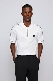 Boss Zip Neck Polo Shirt In Cotton With Piped Trims