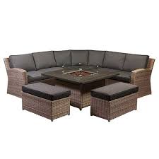 Calvina Curved Garden Sofa Set With Fire Pit Driftwood Weave With Expresso Fabric Available Online At Barker Stonehouse Browse Our Fabulous Range Today