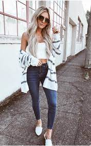 Blue And White Striped Cardigan Over White Tube Top And Denim Jeans Tube Top Outfits Top Summer Outfits Casual Summer Outfits