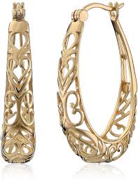 Famarine 14k gold lightweight chunky hoop earrings, small dainty thick open hoops earrings for women girls gift bag. Amazon Com 18k Yellow Gold Plated Sterling Silver Filigree Oval Hoop Earrings Jewelry