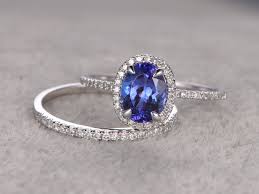 Tanzanite Wedding Ring Sets Engagement Ring Diamond Promise Ring 14k White Gold Halo Bridal Ring Band Blue Gemstone Ring Unique Engagement Rings Blue Gemstone Rings Tanzanite Engagement Ring