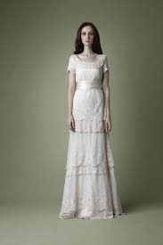 1910s Edwardian Style Cream Tiered Lace Wedding Dress The Natural Wedding Company Vintage Wedding Dress Company Modest Wedding Gowns Column Wedding Dress