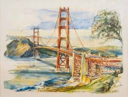 > a worker atop the golden gate bridge span applies a fresh coat of paint in 1956. Golden Gate Bridge William H Areson Jr Private Art Collection Paintings Prints Buildings Architecture City City Bridges Artpal