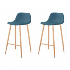 Des chaises hautes originales, confortables et trendy. Set Of 2 Tabourets Bar Chaise Haute Pieds Metal Couleur Bois Color Blue Collection Klary