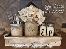 Candlelight is a great way to set the tone for a formal or intimate dinner. Wooden Heartsball Mason Jar Kitchen Table Centerpiece Set In Antique Rustic Tray Salt And Pepper Shakers Pint Vase Jar With Flower Distressed Painted Jars Accessory Holder Green Brown Cream White Tan Blue