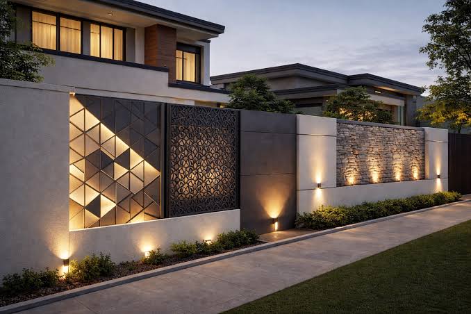 Modern Mixed-Material Perimeter Wall, AI generated