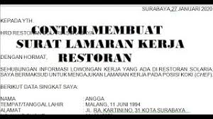 Berikut contoh surat lamaran pekerjaan terbaru 2019 resmi yang baik dan benar dengan format formal yang bisa anda unduh untuk melamar di perusahaan bumn. Contoh Surat Lamaran Kerja Di Restoran Ms Word Doc Youtube