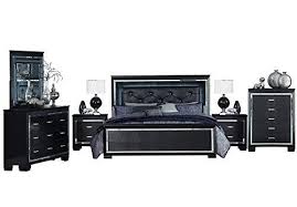 Algiers 6pc Bedroom Set Queen Led Bed Dresser Mirror 2 Nightstand Chest In Black Alligator Embossed Led Beds Bedroom Sets Queen Bedroom Set