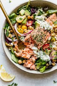 Mediterranean Bowl With Salmon The Real Food Dietitians Recipe In 2020 Real Food Recipes Quinoa Healthy Mediterranean Bowls