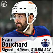 BOUUUCH The Oilers get defenseman Evan Bouchard signed to a 4-year deal.  Bouchard, 25, had 14 goals and 67 points through 82 games this past season,  along with 23 playoff points.