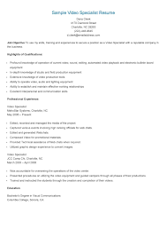 Sample Video Specialist Resume Resume Sample Resume Video