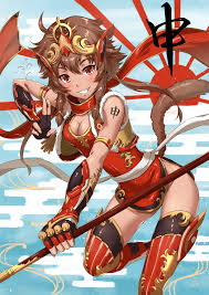 sakiyamama, sun wukong, original, 1girl, breasts, brown hair, chinese  zodiac, cleavage cutout, clothing cutout, female focus, fingerless gloves,  gauntlets, gloves, grin, hair between eyes, headgear, looking at viewer,  medium breasts, monkey, monkey