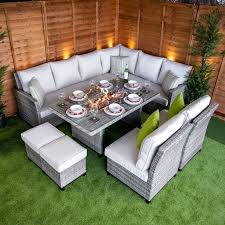Cushions are made with sunbrella® fabric that is resistant to stains, mildew, chlorine and fading Champagne Madison Corner Sofa Group With Armchairs And Fire Pit