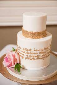 White Fondant Small Two Tier Wedding Cake With Gold Edible Glitter Decoration Gold Quote Or Bible Ve Spring Wedding Cake Gold Wedding Cake Simple Wedding Cake
