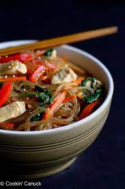 Korean Glass Noodles With Chicken Vegetables Japchae Recipe Sweet Potato Noodles Recipe Sweet Potato Noodles Recipes