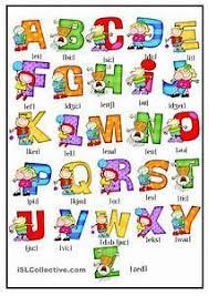 This colorful alphabet chart has upper and lowercase letters, simple sentences, cute pictures, and a song. English For Kids 1
