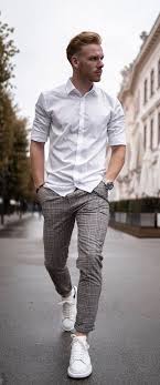 Black And White Plaid Pants Outfit Ideas Phillippledl With A Summer Outfit Idea With A White Button Up Shirt Brown Plaid Pants Silver Banded Sneakers Outfit Men Mens Casual Outfits Pants Outfit Men