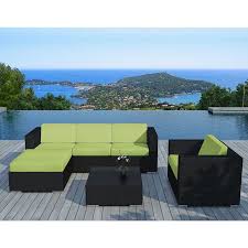 Salon De Jardin 6 Elements En Resine Noire Coussins Verts Taille 5 Pers Salon De Jardin Mobilier Jardin Salon