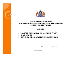Keputusan beberapa kerajaan negeri untuk membatalkan bazar ramadan tahun 2020 susulan pelanjutan perintah kawalan pergerakan (pkp). Pemberitahuan Senarai Bazar Ramadan Bazar Aidilfitri Bagi Kawasan Majlis Bandaraya Johor Bahru Bagi Tahun 2017 1438h Portal Rasmi Majlis Bandaraya Johor Bahru Mbjb