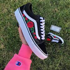 Rose Vans Old Skool Vans Women Sneakers Rose Embroidered Vans Custom 95 Liked On Polyvore Featuring Shoes Sneakers Red Rose Vans Vans Vans Old Skool