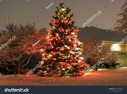 Christmas And New Year Outdoor Decoration Background Covered By Fresh Snow Spruce Decorated By Glowing In The Da In 2020 Holiday Decor Light Decorations Christmas Tree