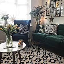 La Redoute Monochrome Rug Green Velvet Sofa Blue Velvet Chair And Gallery Wall I Velvet Sofa Living Room Green Velvet Sofa Living Room Green Sofa Living Room