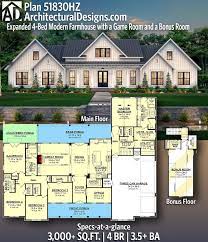 Its architectural makeup is compiled of horizontal clapboard siding, gabled dormers, an extended covered front porch, and a stacked stone perimeter skirt. Plan 51830hz Expanded 4 Bed Modern Farmhouse With A Game Room And A Bonus Room In 2021 Modern Farmhouse Plans Family House Plans House Plans Farmhouse