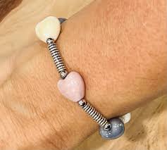 Women's Handmade Heart Bracelet, Blue, Mauve Pink, Beige and Silver Stretch  Bracelet, Gift Idea for Her