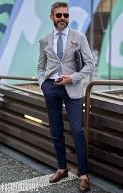 A Smart Casual Combination Of A Grey Blazer Jacket And Deep Blue Casual Pants Can Maintain Its Relevan Blazer Outfits Men Mens Street Style Summer Mens Outfits