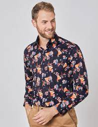 Gradient pink sheer hair bonnet pauljulia designs. Easy Iron Cotton Men S Slim Fit Shirt With Birds And Floral Print And Single Cuffs In Navy Orange Hawes Curtis Usa