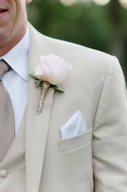 Sand Colored Three Piece Tux With Soft Pink Rose Boutonniere Wrapped In Silver Wire And White Pock Groom Suit Summer Blush Bouquet Wedding Bridal Party Flowers