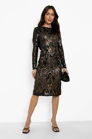 Women S Damask Sequin Cowl Back Midi Dress Boohoo Uk