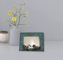 Comfy Hour Western Retro Collection Resin Art 6"x5" Photograph Running  Horses Horseshoes Photo Frame Blue