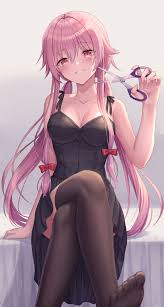 seungju lee, gasai yuno, mirai nikki, commentary request, highres, 1girl,  black dress, black thighhighs, breasts, cleavage, clenched teeth,  collarbone, crossed legs, dress, gradient background, grey background,  holding, holding scissors, long hair, looking
