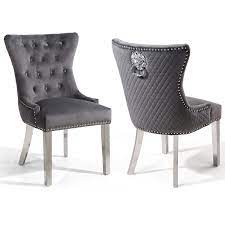 Pair of grey knocker chairs in velvet with chrome legs & studs set of 2 dining chairs in grey velvet with stainless steel base.pair of spectacularly modern swivel cresta shell chair: Lewton Grey Velvet Quilted Lion Head Wing Back Knocker Dining Chair Colour Grey