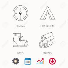 backpack camping tend and hiking boots icons compass linear