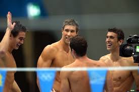 In the medley relay event, four swimmers swim 100 yards, each using a different stroke. Swimming MenÊ¼s 4x100m Medley Relay London 2012 Olympics The New York Times