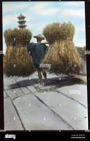 Man carrying two large bundles of straw, China, ca.1917