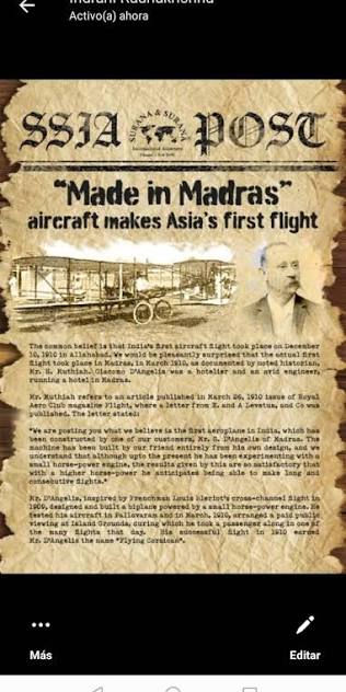This Article about Giacomo D'Angeli's Flight Was published in Old News paper and Magazine's of Madras is about " How the Aeroplane came to Madras "in March 10 1910 .... Hope Like