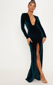 Emerald Green Velvet Plunge Split Leg Maxi Dress Plunge Dress Green Velvet Dress Plunge Maxi Dress