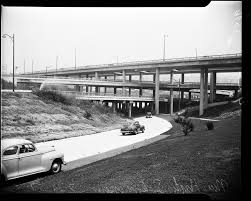 Black And White Elite Four Levels Harbor Freeway Interchange Los Angeles Ca 1952 California History Los Angeles History Los Angeles Area