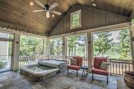 Amazing Screened Porch Overlooking Lake Oconee Vaulted Ceiling Hot Tub Fireplace And Slate Floors A House With Porch Hot Tub Patio Outdoor Fireplace Kits